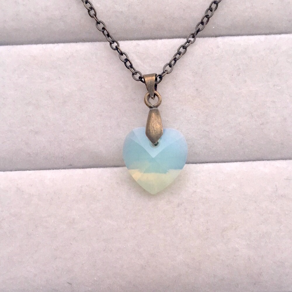 Chrysolite Green Opal + Antique Brass Crystal Heart Drop Pendant Necklace - Picture 1 of 4